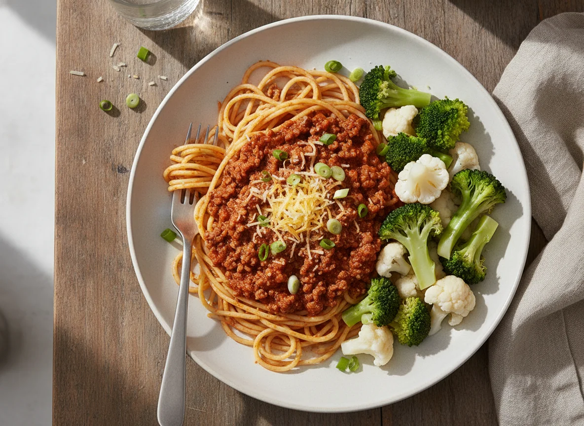 Spaghetti Bolognese with Steamed Vegetables photo