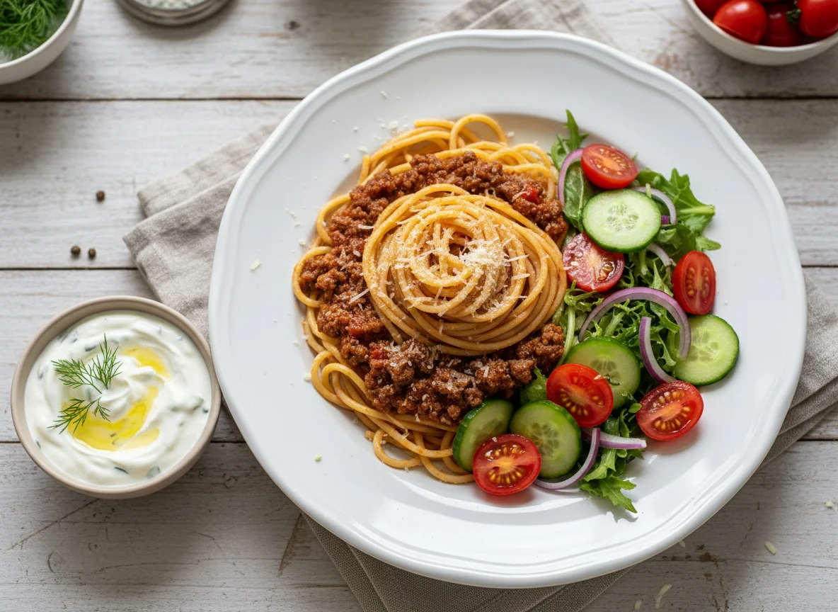 Spaghetti Bolognese with Tzatziki and Salad photo