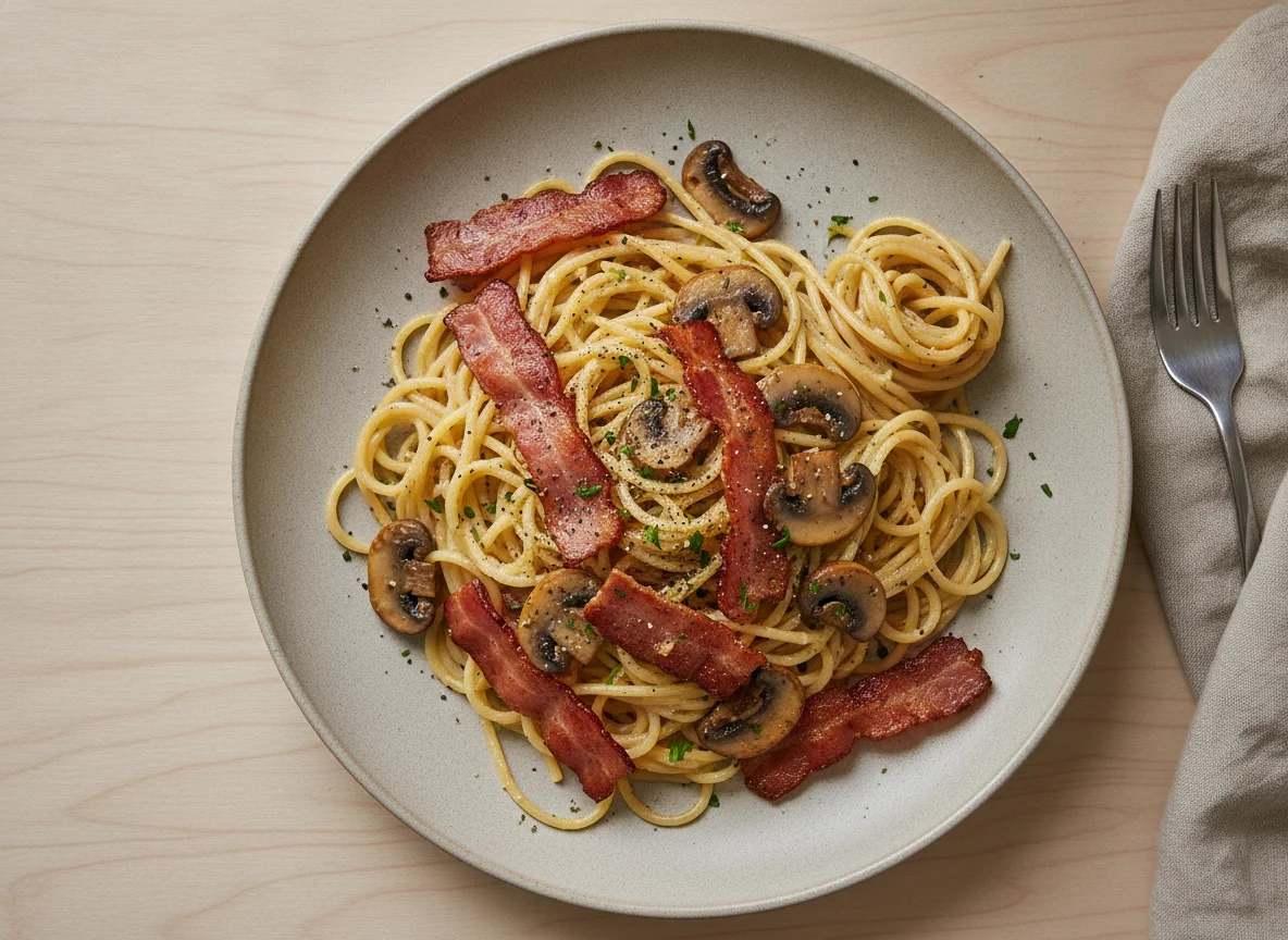 Spaghetti Carbonara with Mushrooms photo
