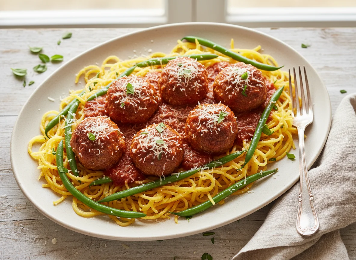 Spaghetti Squash with Meatballs and Green Beans photo