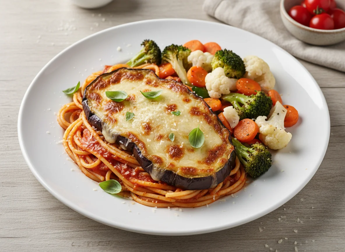 Spaghetti with Baked Eggplant Parmesan and Mixed Vegetables photo