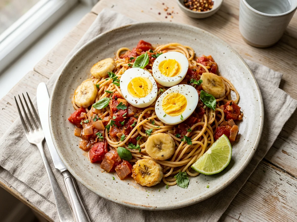 Spaghetti with Boiled Eggs, Banana, and Tomato Stew photo