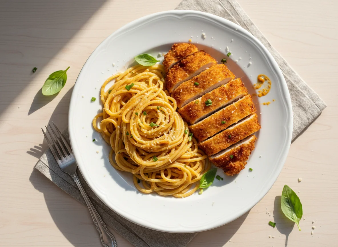 Spaghetti with Breaded Chicken and Sauce photo