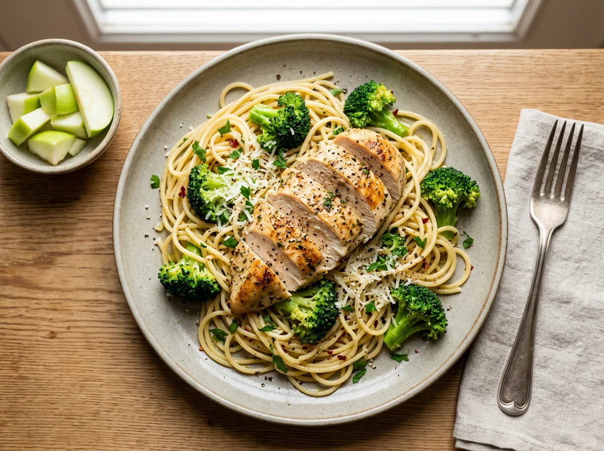 Spaghetti with Broccoli and Pan-Seared Chicken Breast photo