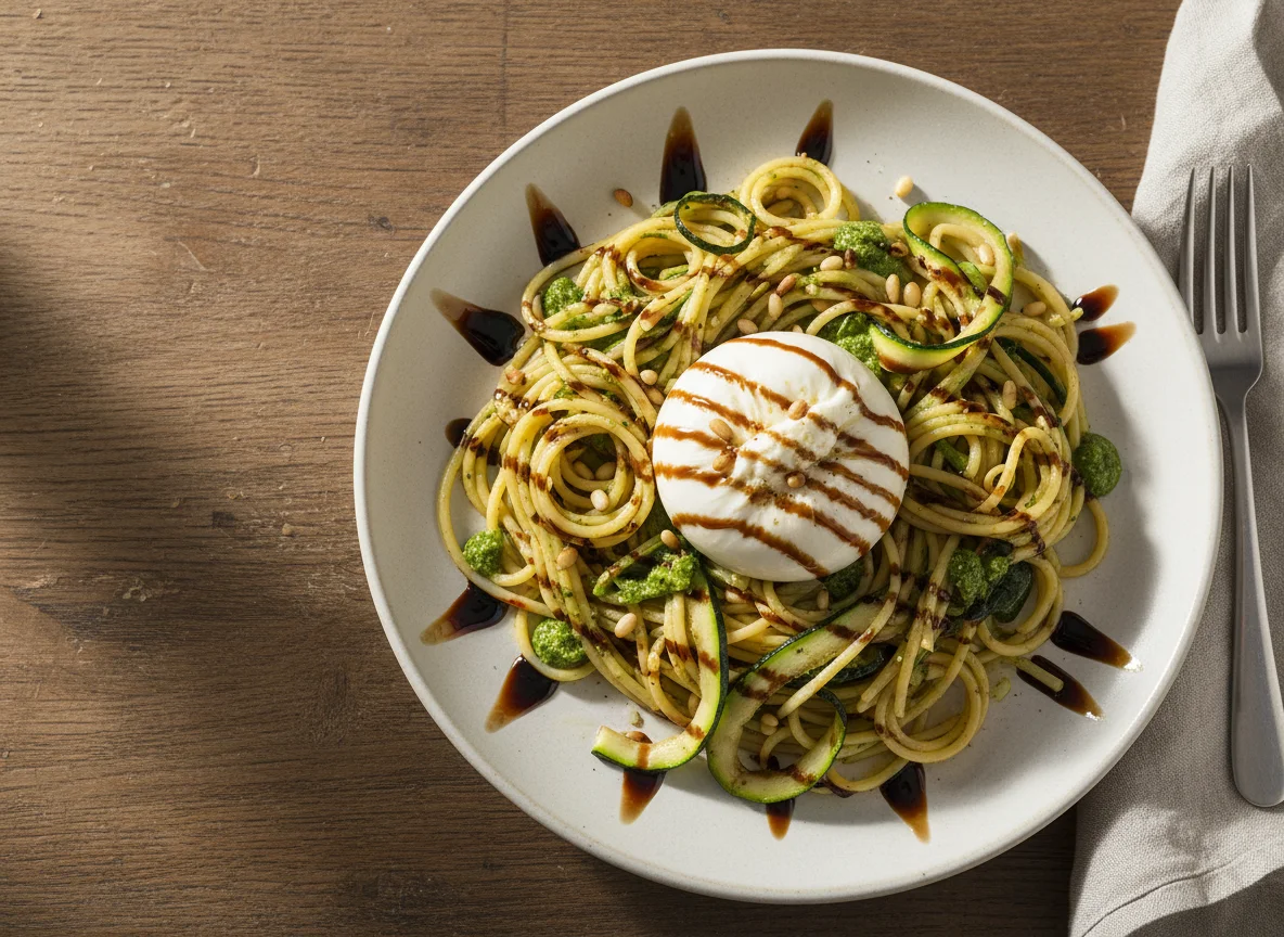 Spaghetti with Burrata, Zucchini, Pesto, Pine Nuts and Balsamic Glaze photo