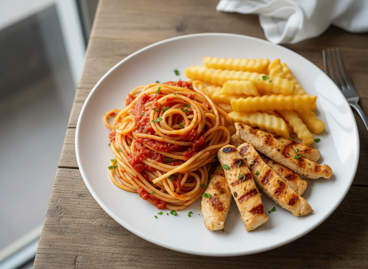 Spaghetti with Chicken and Fries photo