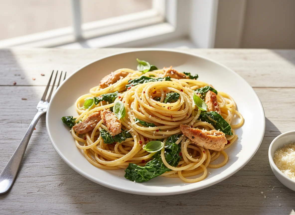Spaghetti with Chicken and Greens photo