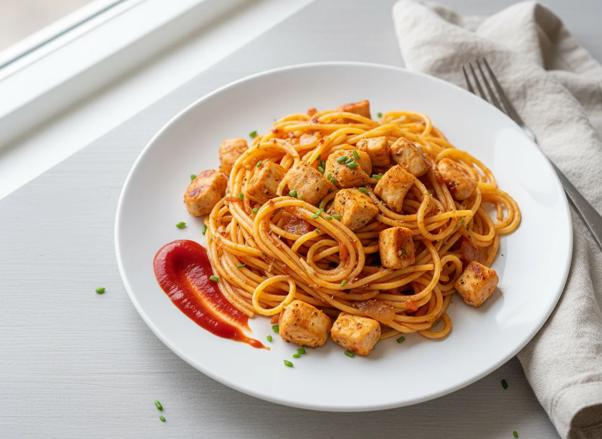 Spaghetti with Chicken and Ketchup photo
