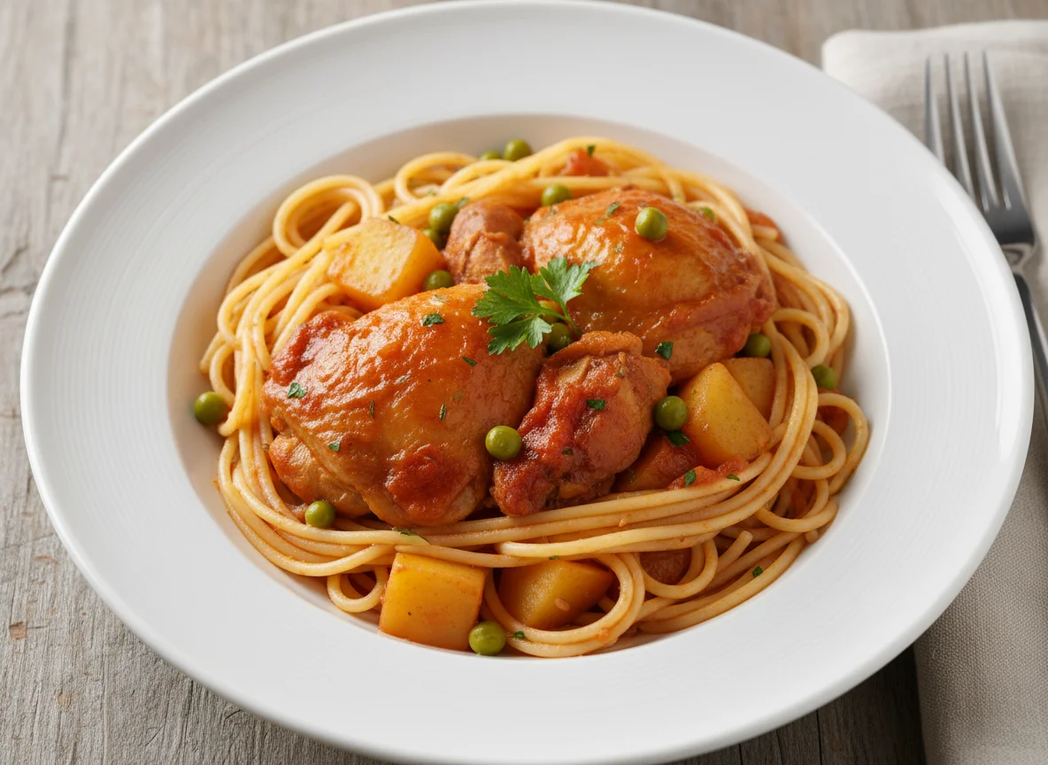 Spaghetti with Chicken and Potato Stew photo