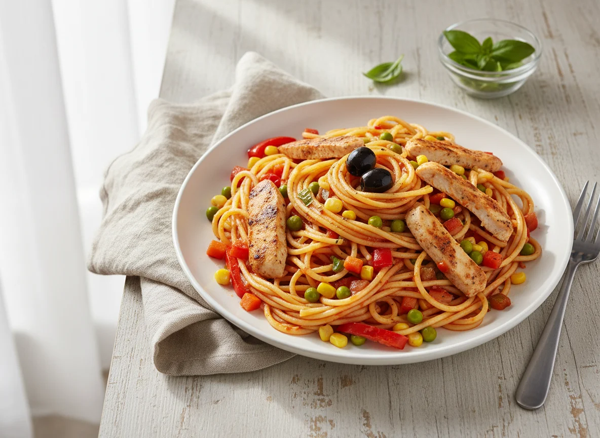 Spaghetti with Chicken and Vegetables photo