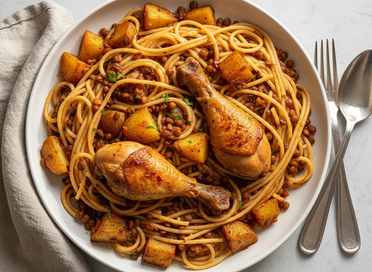Spaghetti with Chicken, Lentils, and Potatoes photo
