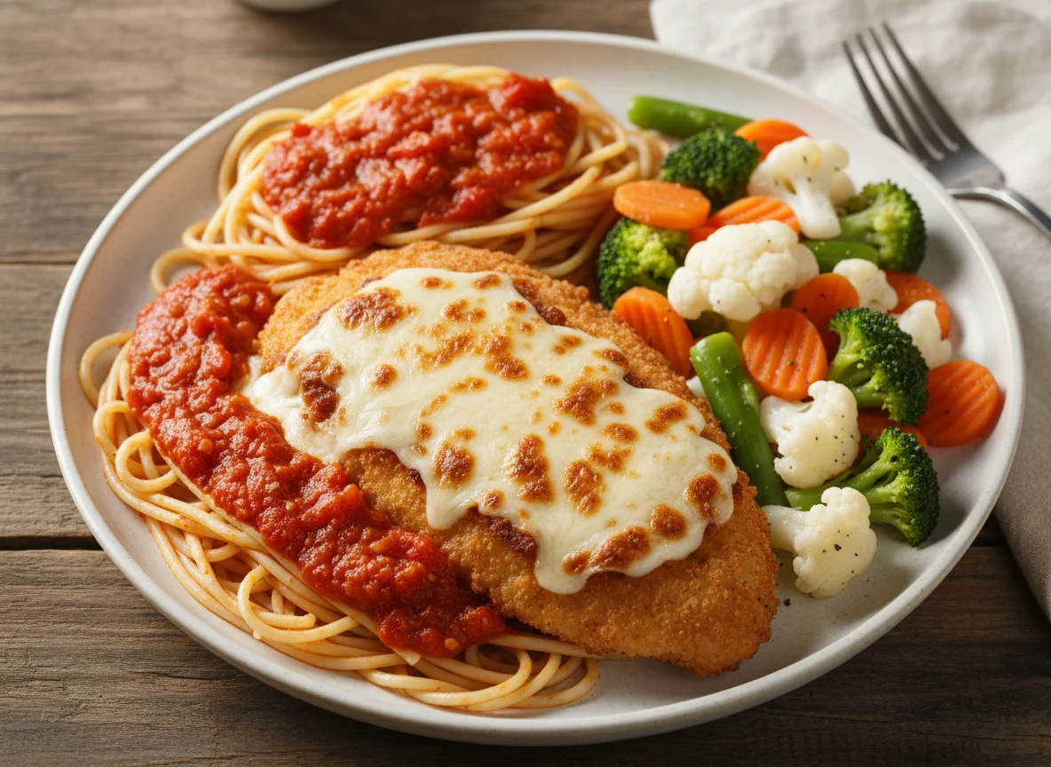 Spaghetti with Chicken Parmesan and Mixed Vegetables photo