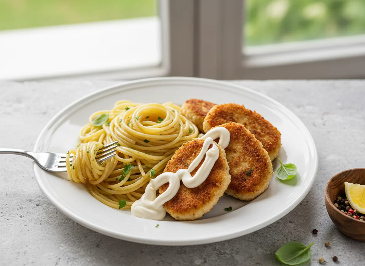 Spaghetti with Chicken Patties and Mayonnaise photo