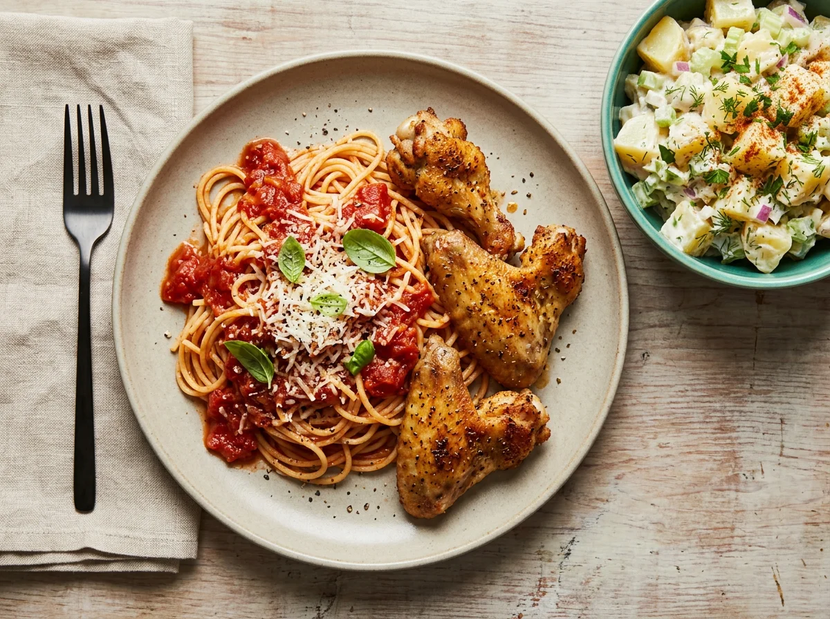 Spaghetti with Chicken Wings and Potato Salad photo