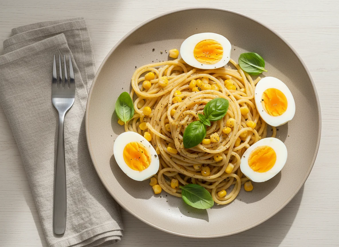 Spaghetti with Corn and Boiled Egg photo