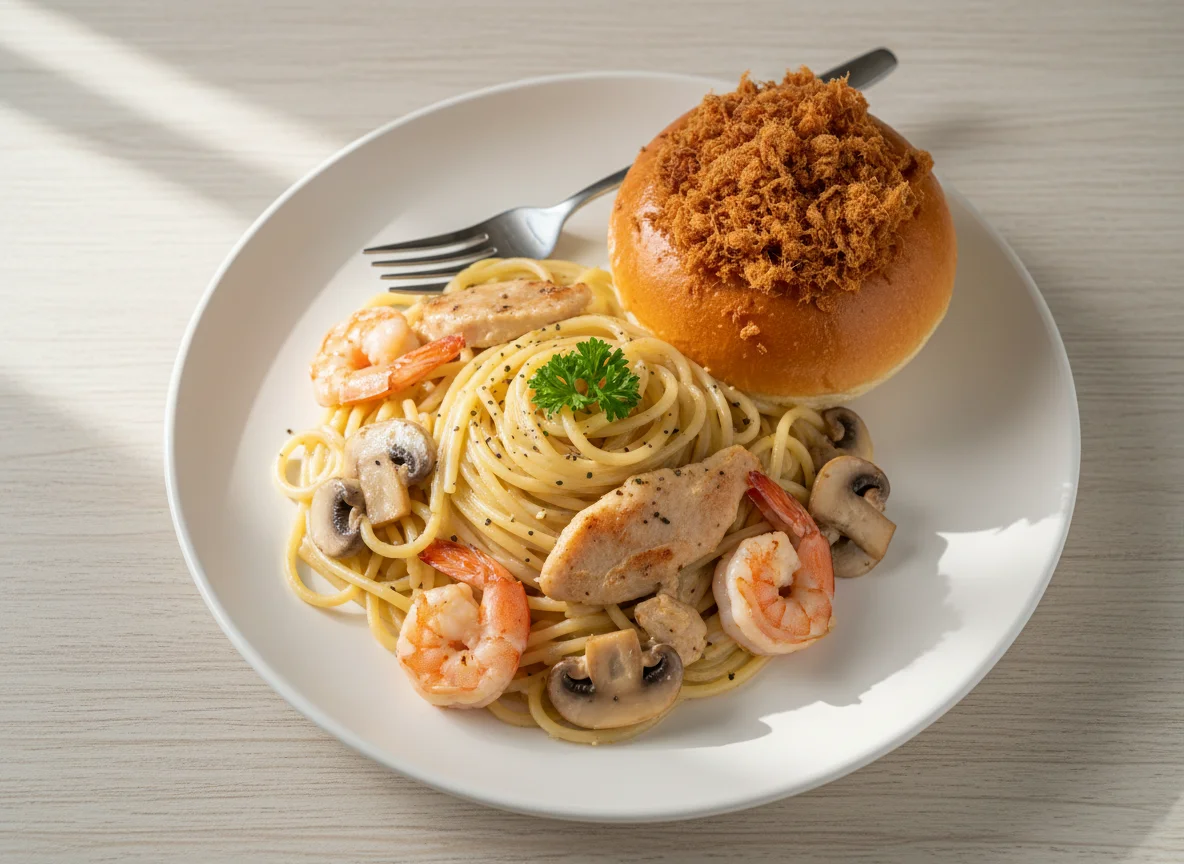 Spaghetti with Cream Sauce and Shredded Pork Bun photo