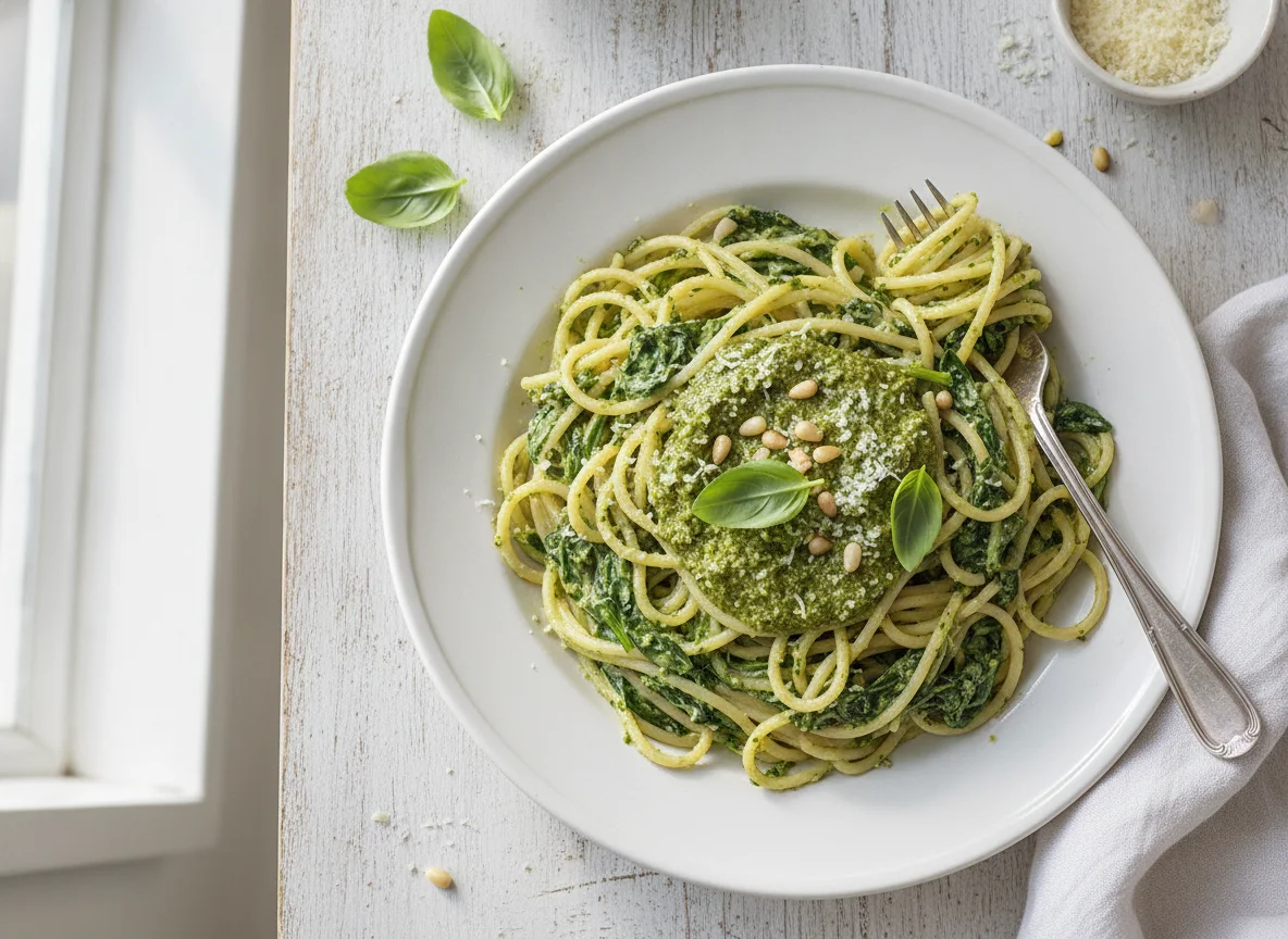 Spaghetti with Creamed Spinach and Pesto photo