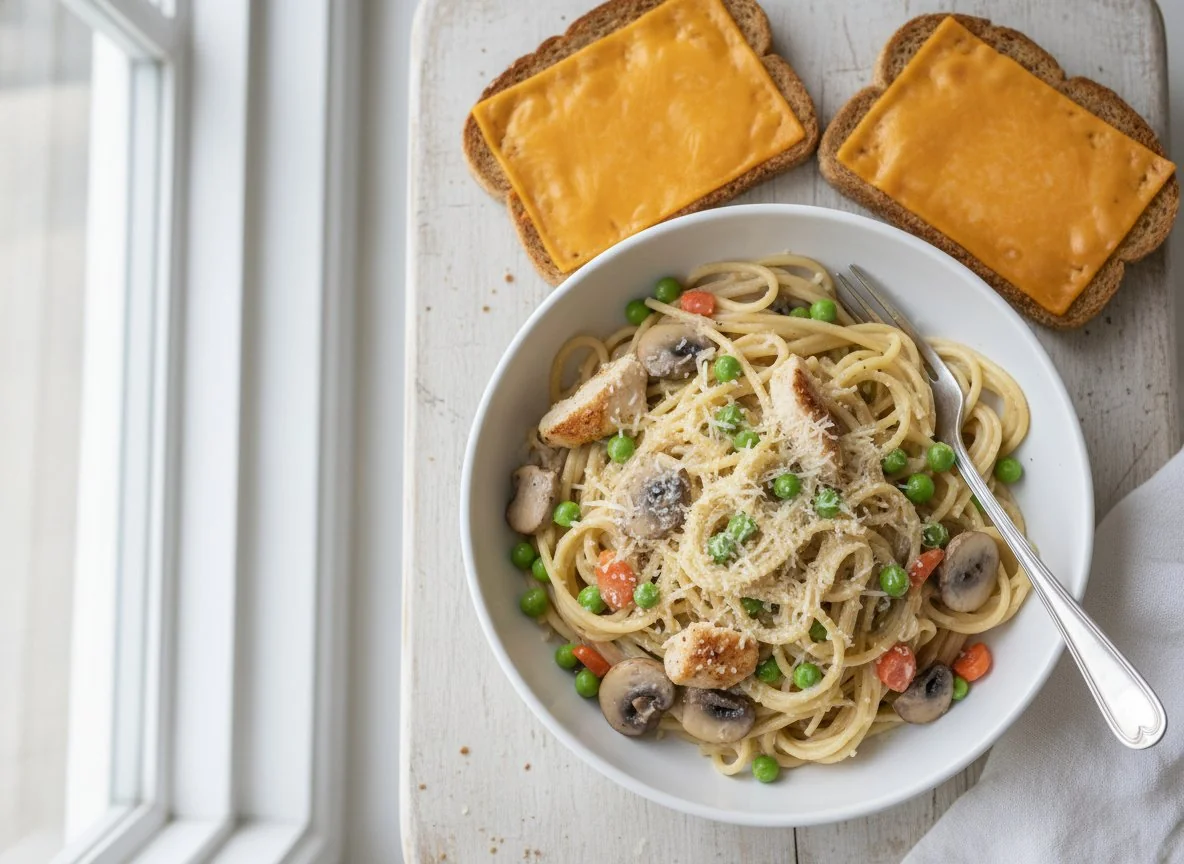 Spaghetti with creamy chicken and vegetable sauce, and cheese on toast photo