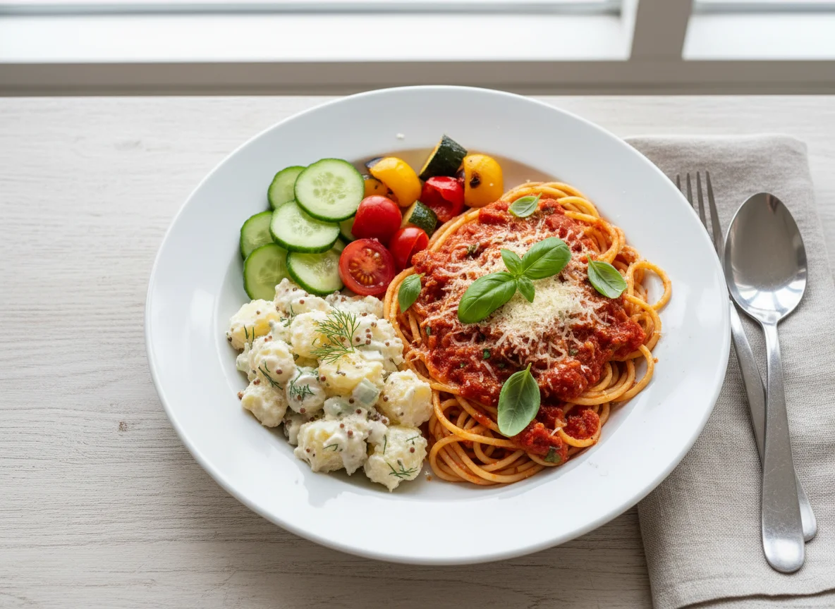 Spaghetti with creamy salad and vegetables photo