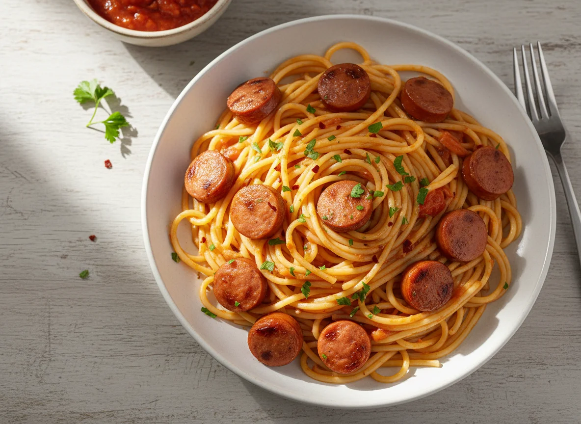 Spaghetti with Creamy Sauce and Hot Dogs photo