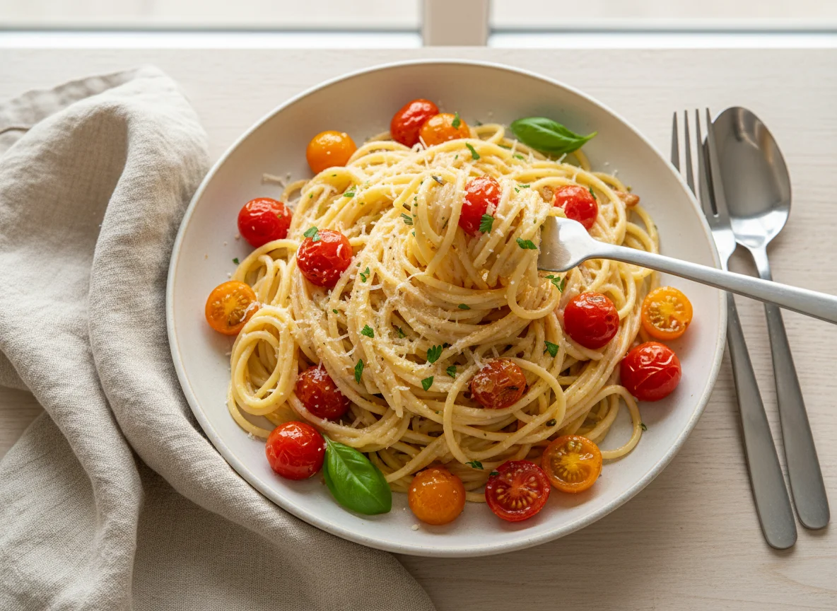 Spaghetti with Creamy Sauce and Tomatoes photo