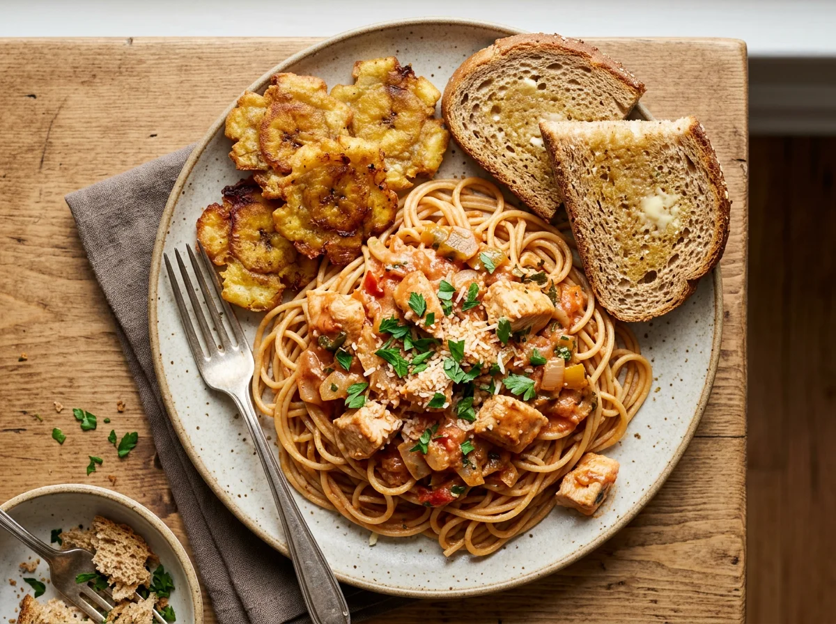 Spaghetti with Creamy Sauce, Bread, and Fried Plantain photo