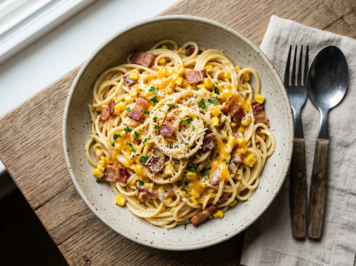Spaghetti with Creamy Sauce, Corn, Bacon, and Cheese photo