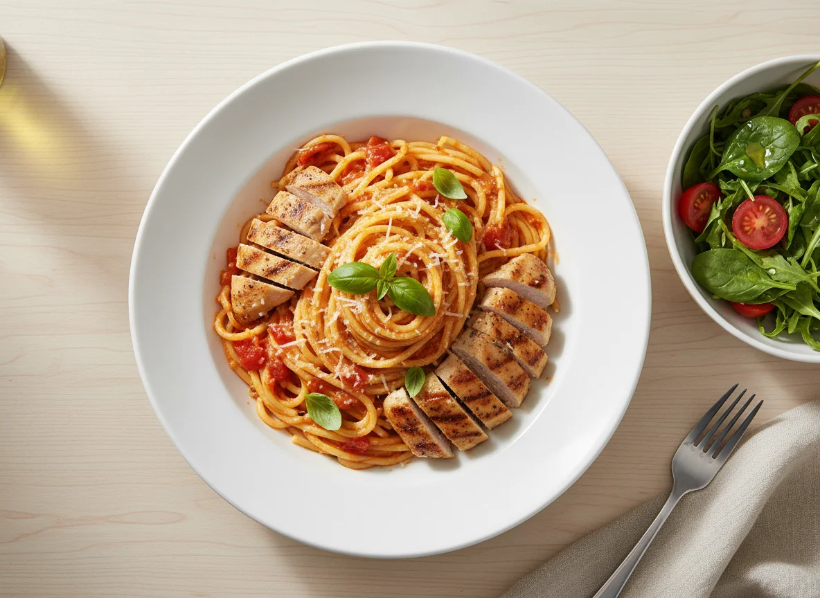 Spaghetti with Creamy Tomato Chicken Sauce and Mixed Salad photo