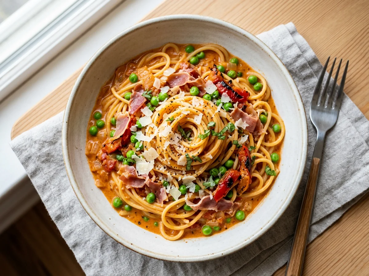 Spaghetti with Creamy Tomato Sauce, Prosciutto, and Peas photo