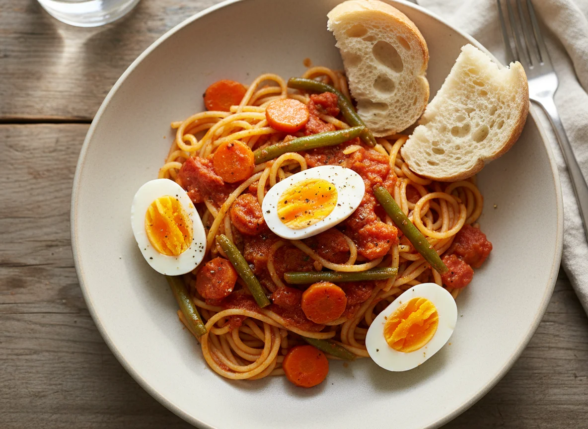 Spaghetti with Egg and Bread photo