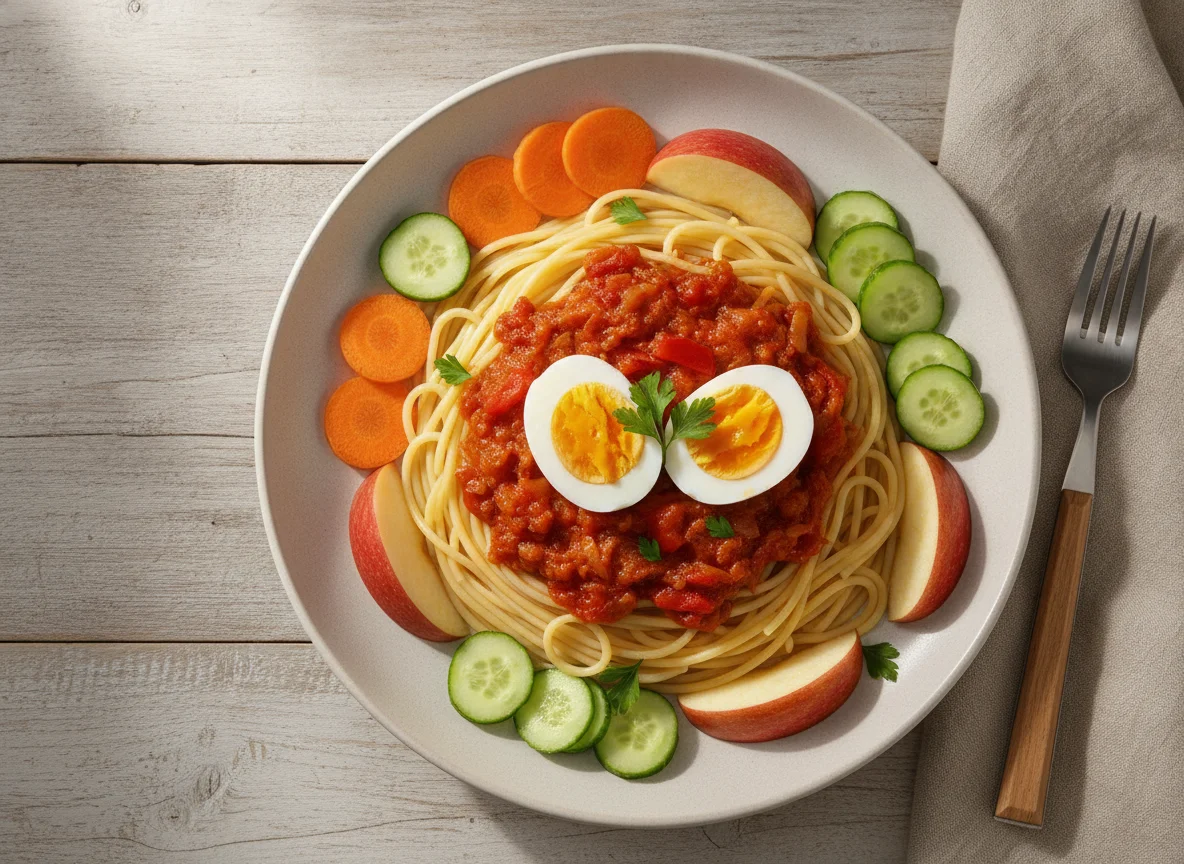 Spaghetti with Egg Stew, Carrots, Cucumber, and Apple photo