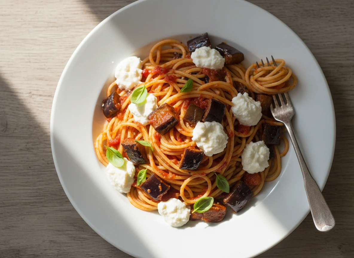 Spaghetti with Eggplant, Tomato Sauce, and Ricotta photo