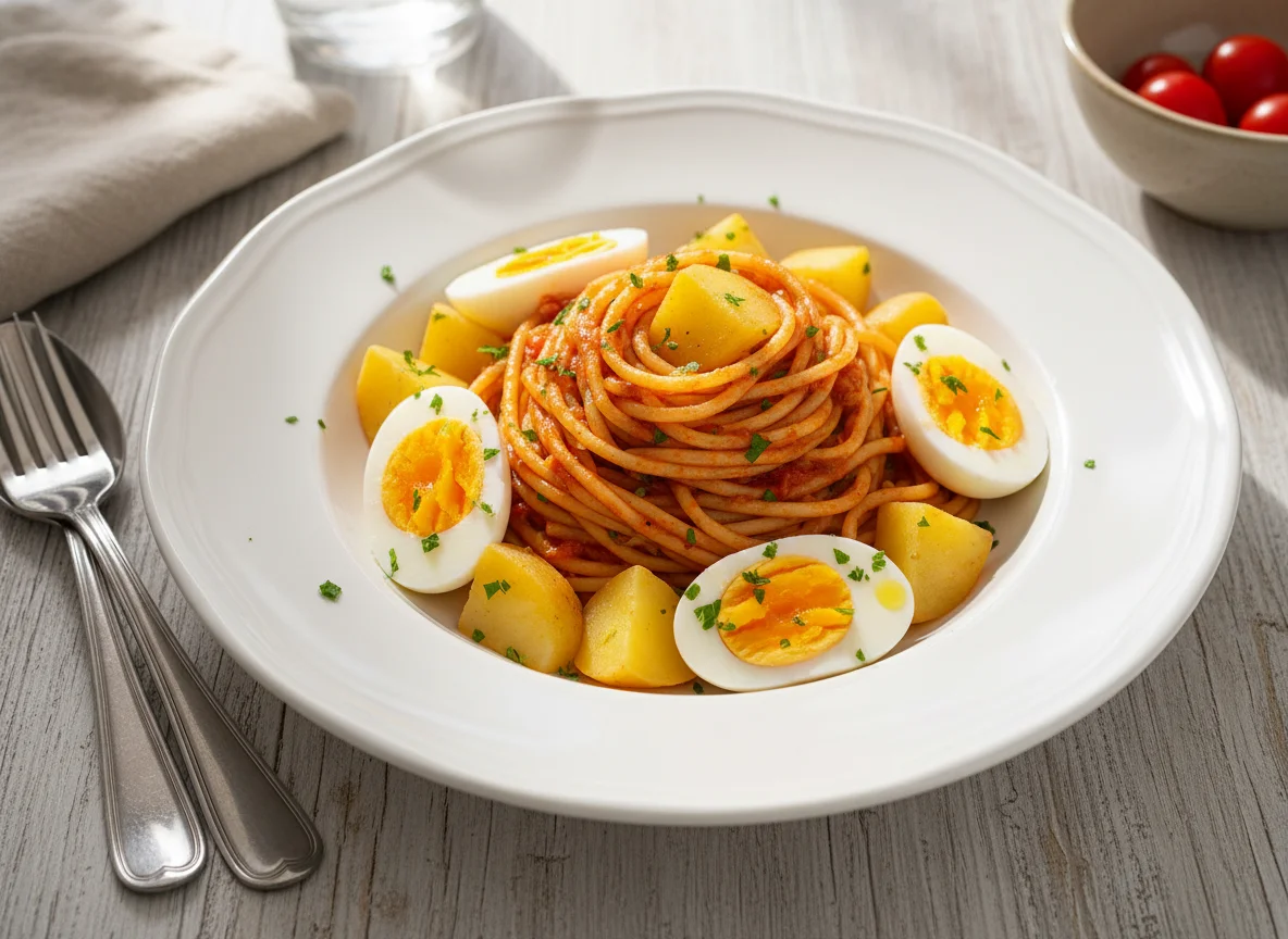 Spaghetti with Eggs and Potatoes photo