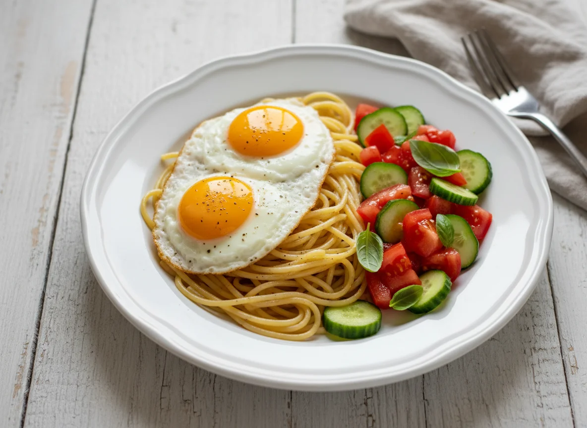 Spaghetti with Fried Eggs and Vegetable Salad photo