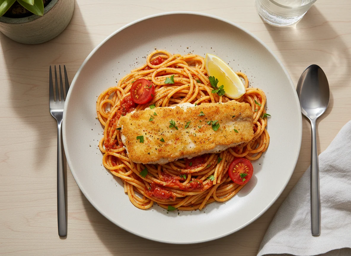 Spaghetti with Fried Fish photo