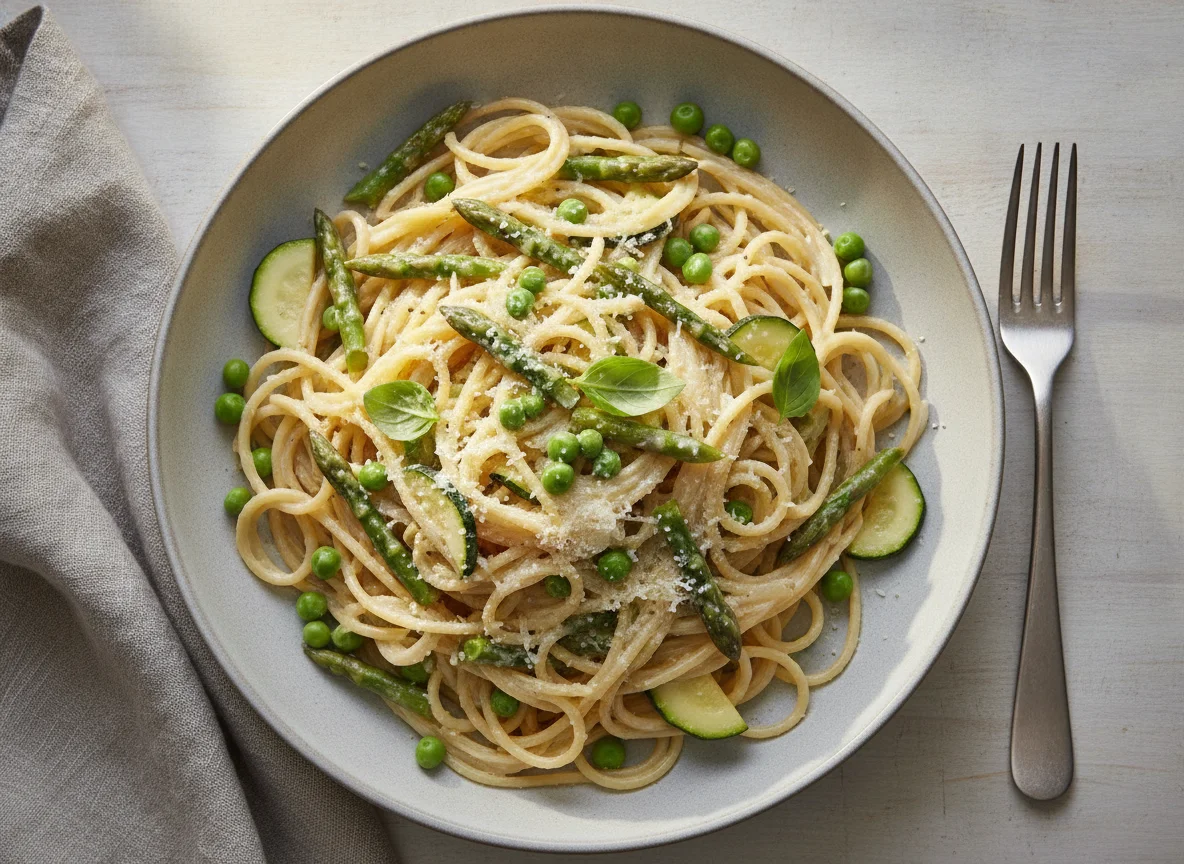 Spaghetti with Green Vegetables and Cream Sauce photo
