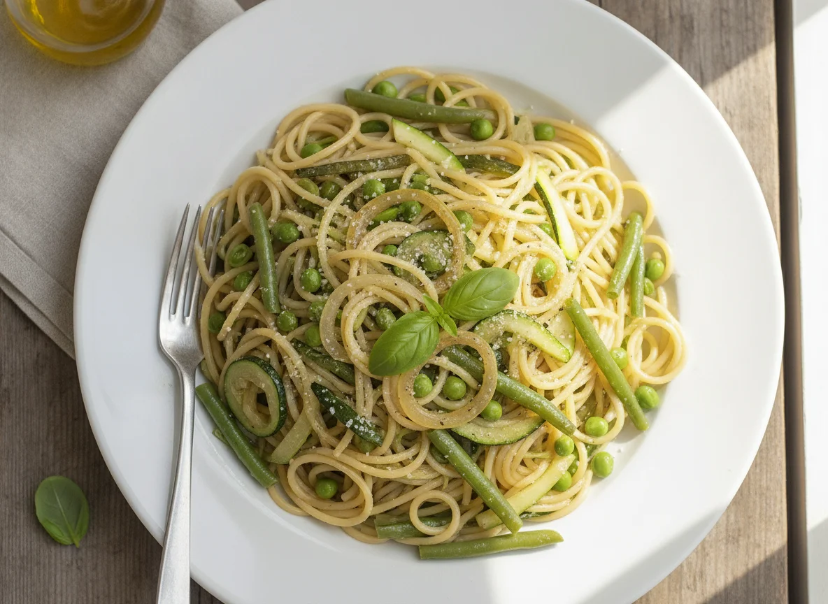 Spaghetti with green vegetables and onions photo