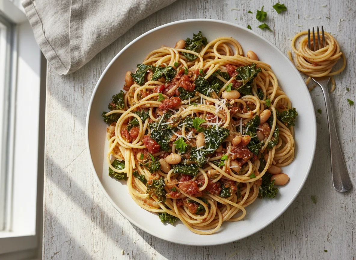 Spaghetti with Greens and Beans photo