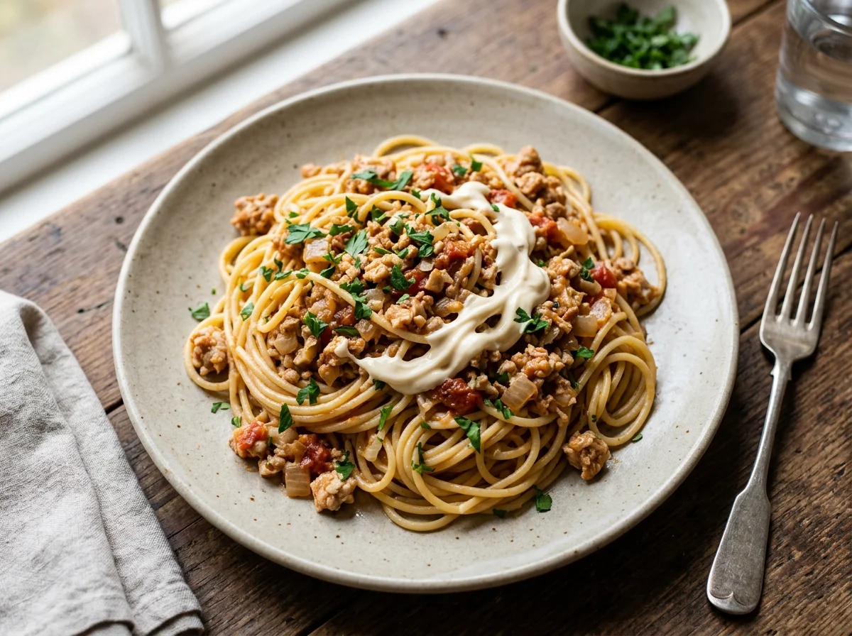 Spaghetti with Ground Meat and Mayonnaise photo
