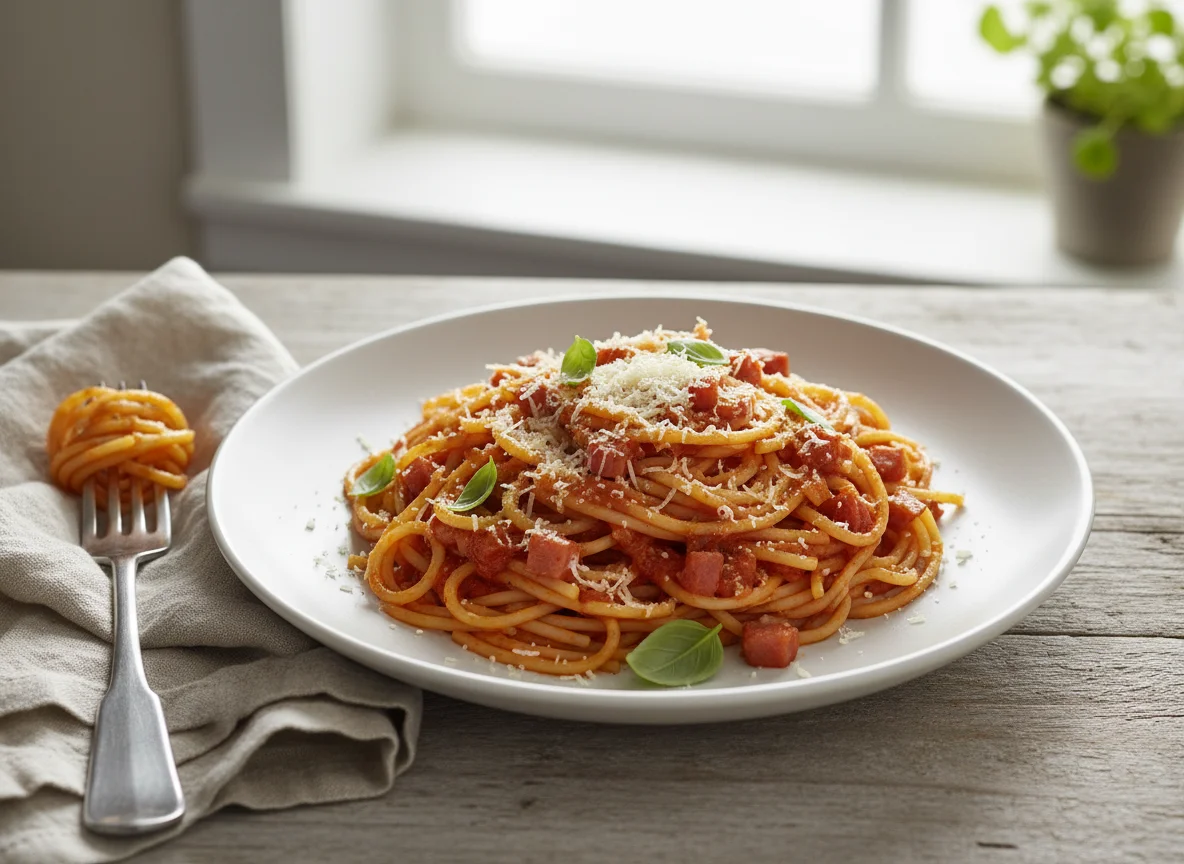 Spaghetti with Ham and Tomato Sauce photo