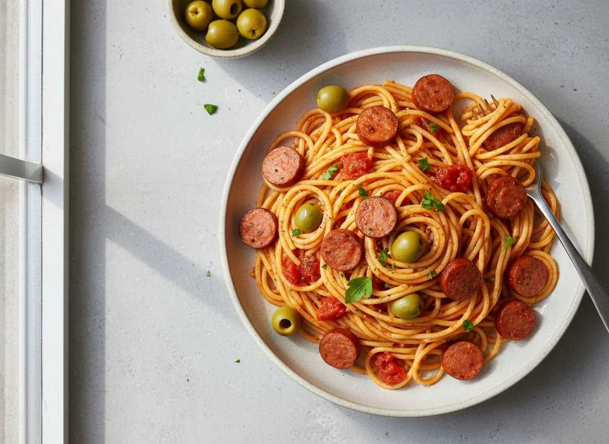 Spaghetti with Hot Dogs and Olives photo