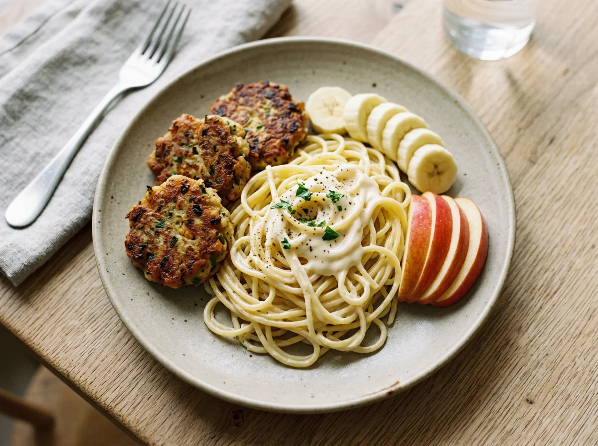 Spaghetti with Mayonnaise, Fried Patties, Apple, and Banana photo