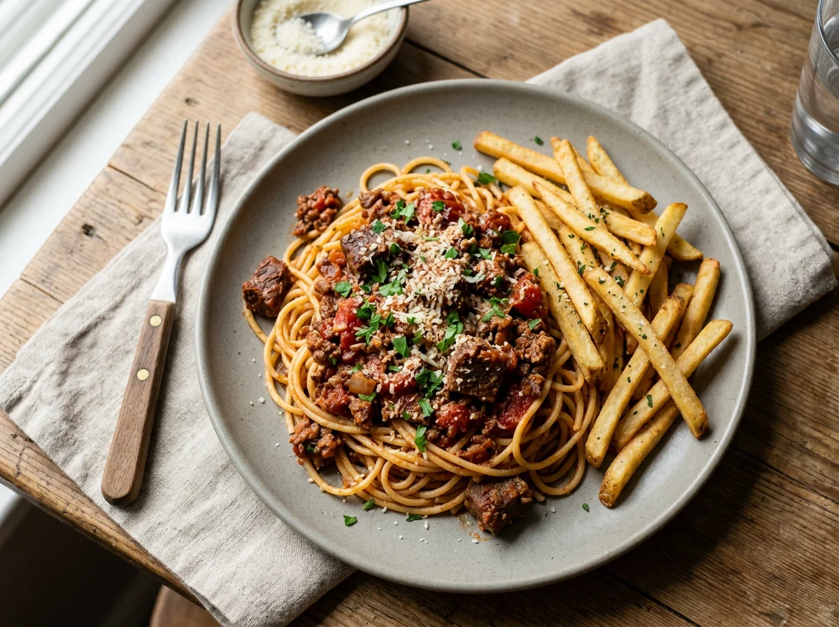 Spaghetti with Meat and Fries photo