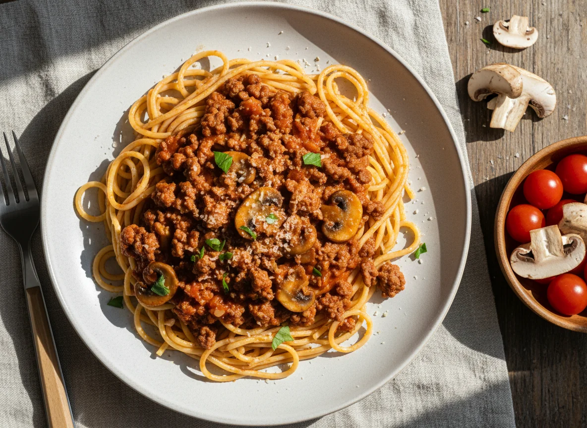 Spaghetti with Meat and Mushroom Sauce photo