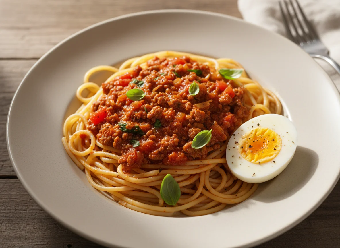 Spaghetti with Meat Sauce and Boiled Egg photo