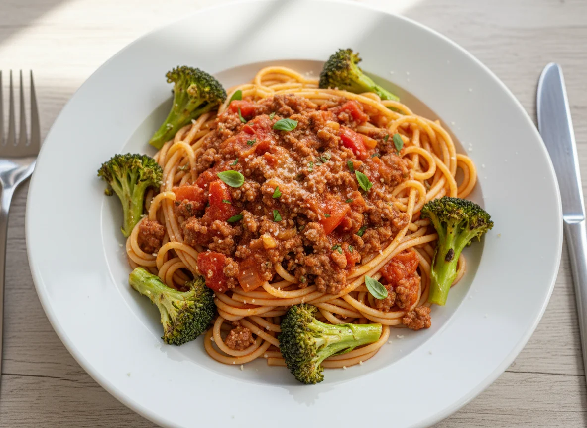 Spaghetti with Meat Sauce and Broccoli photo