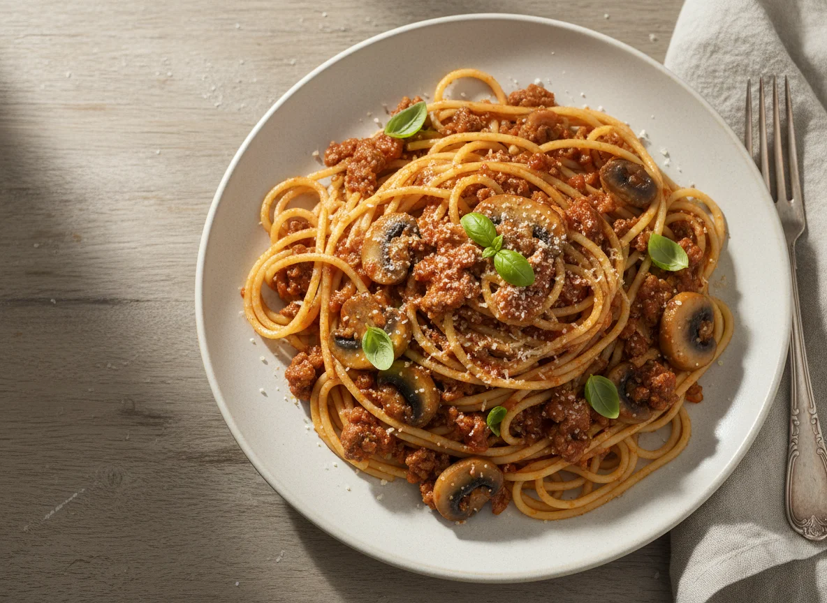 Spaghetti with Meat Sauce and Mushrooms photo