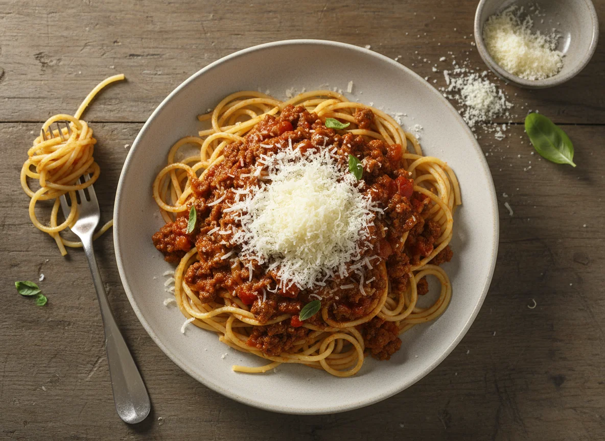 Spaghetti with Meat Sauce and Parmesan photo
