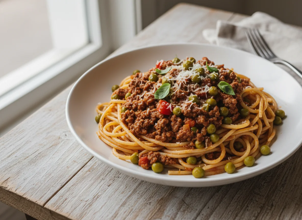 Spaghetti with Meat Sauce and Peas photo