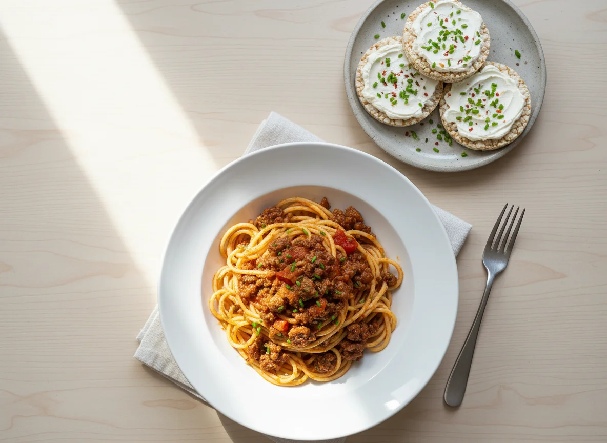 Spaghetti with meat sauce and rice cakes with spread photo